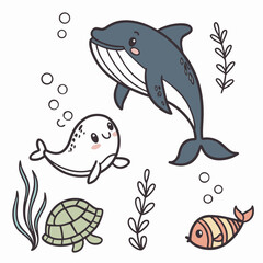 Kids doodle ocean animal set, vector