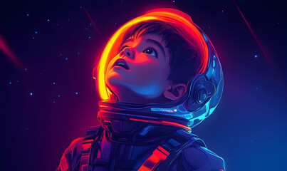 Boy in astronaut suit gazes upward, enveloped in vibrant neon lighting against a starry night background
