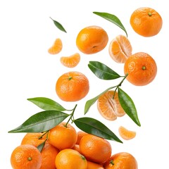Fresh and Juicy Mandarin Oranges with Leaves Falling Down on White Background