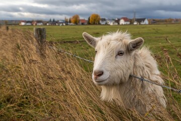 Fototapeta premium Close-up of a white goat standing near a fence in a rural field during autumn, showcasing the animal's gentle nature against a backdrop of a village under a cloudy sky.