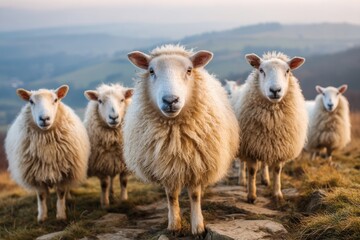 Fototapeta premium A charming close-up of a flock of fluffy sheep grazing on a lush green hillside, looking directly at the camera, with a soft, blurred background of rolling hills.