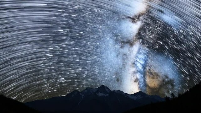 Milky Way Time Lapse Beautiful night sky. Time Lapse - Beautiful Milky Way Galaxy above Mountain Range. Night sky and stars, timelapse milky way and glow above tree forest, star and airliner trails.