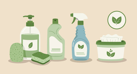 EcoFriendly Cleaning Supplies with Leaf Logos Promoting Sustainable Practices