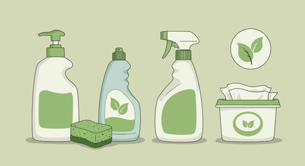 EcoFriendly Cleaning Supplies Set with Dispenser Bottles Sprayer Sponge and Tissues