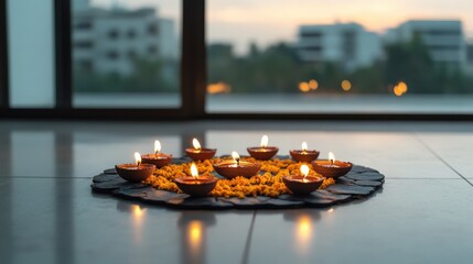 Diwali celebration with traditional diyas in modern home indoor decor calm environment aesthetic view