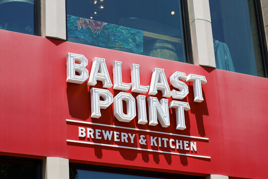 Anaheim, California USA on May 13, 2023. The Ballast Point Brewery and Kitchen sign at the Anaheim location in Southern California.