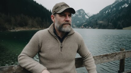 Fototapeta premium Man in Light Pullover and Hiking Cap Sitting on a Wooden Dock by a Serene Lake Surrounded by Mountains