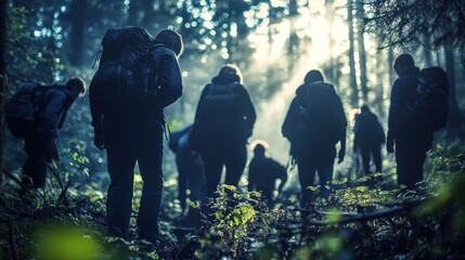 Hikers Silhouettes in a Mystical Forest