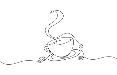 Coffee cup with coffee beans continuous one line drawing, Cup of coffee and coffee beans. Hot beverage. Aroma of coffee. Continuous line drawing.