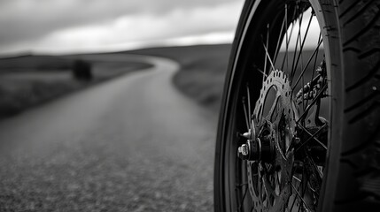 Monochrome Bike Wheel Overlooking a Winding Road with Rain and Gloom Showcasing Adventure and Resilience Amidst Challenging Conditions Conceptually