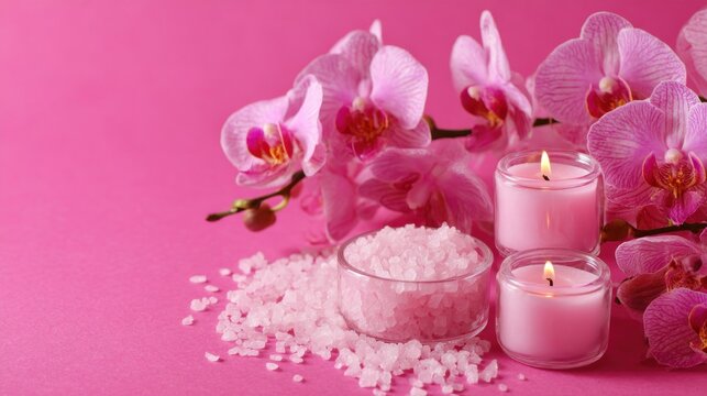Pink spa scene with orchids and candles - Powered by Adobe