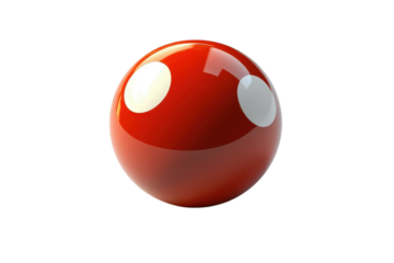 A vivid glossy red billiard ball with white spots poised for a thrilling game on a sleek black on transparent background
