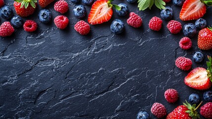 Fresh Berry Arrangement on Dark Stone Background, Flat Lay Style