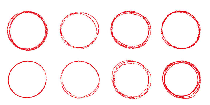 Red pencil crayon line circles in simple hand drawn grunge textured style collection. Chalk sketch doodle check underline frames.