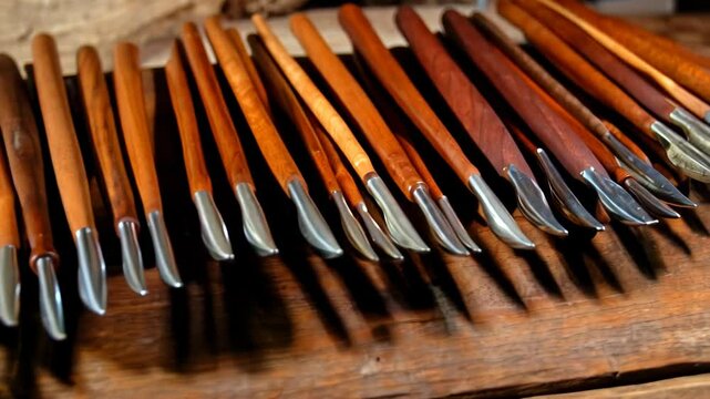 Close-up of an organized set of wood carving tools with wooden handles and metal blades on a rustic wooden surface