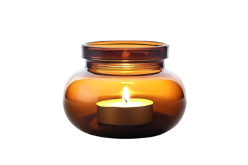 An amber glow emanates from a delicate candle within a glass jar creating a peaceful cozy on transparent background