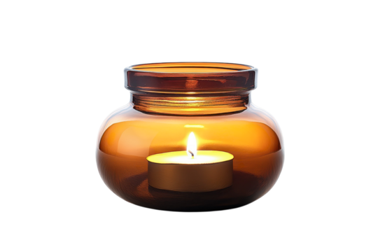 An amber glow emanates from a delicate candle within a glass jar creating a peaceful cozy on transparent background