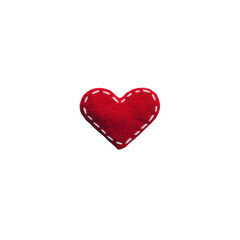 Fototapeta premium Small red fabric heart with white stitching, symbolizing love and affection, isolated on transparency background. heart is crafted from textured material, giving it handmade feel