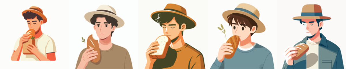 vector of a young man eating bread