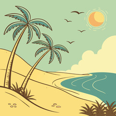 Obraz premium Tropical Beach Scene Two Palm Trees on Sandy Shore Turquoise Ocean Sunny Sky Illustration