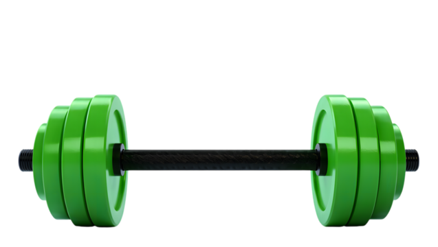 Green dumbbell weight isolated on transparent background ideal for fitness designs