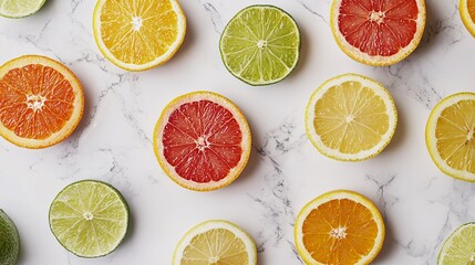 Colorful Citrus Fruits on Marble Background for Freshness and Flavor