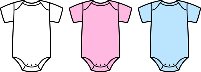 Cute cartoon baby onesie icon. Black and white outline, pink and blue color. Baby shower, gender reveal. Vector clipart illustration.
