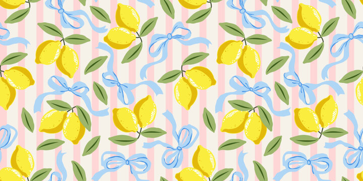 Seamless pattern with yellow lemons, blue bows, and green leaves on soft pink stripes. A cheerful design with Italian summer mood &mdash; perfect for fabric, packaging, and seasonal decor.