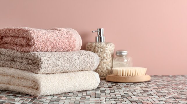 Stacked towels and bathroom accessories on a mosaic countertop - Powered by Adobe
