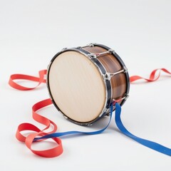 Fototapeta premium Small Drum with Colorful Ribbons on White Background