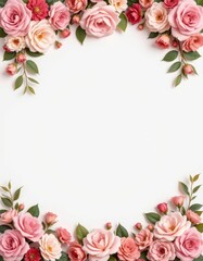 Beautiful Floral Frame with Pink Roses and Green Leaves on White