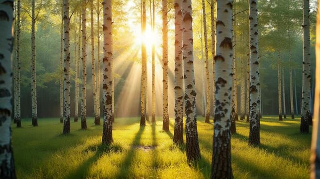 birch forest in sunlight in the morning