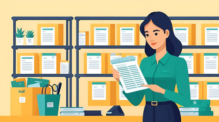 a concept of a purchasing staff, inventory management. illustration of a woman who is compiling a list of purchases of goods or services needed by all members of the company. flat style. vector design