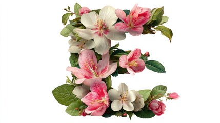 Floral letter E design.  Delicate pink and white blossoms arranged in the shape of the letter E