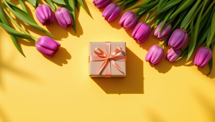 Gift box wrapped with pink ribbon is surrounded by pink tulips yellow background, creating