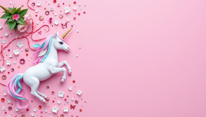 Colorful unicorn toy with flowers and glitter pink background, perfect for children birthday