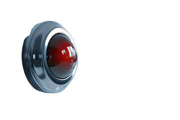An ominous red eye glows intensely from a chrome orb evoking feelings of surveillance and sci on...