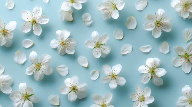 Delicate white blossoms arranged on a pastel blue surface. Soft petals and small flowers create a spring aesthetic