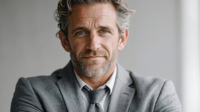 A man in a gray suit and tie posing for a picture