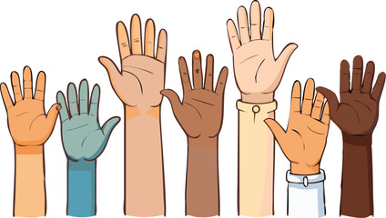A vibrant illustration of multiple hands of various skin tones raised in the air, suggesting participation, engagement, or a call for action.