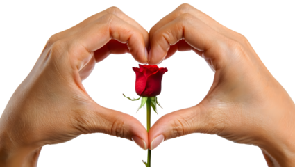 Hands forming heart shape around single red rose isolated on transparent background
