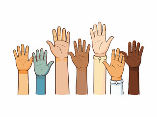 A vibrant illustration of multiple hands of various skin tones raised in the air, suggesting participation, engagement, or a call for action.