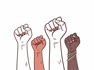 A simple, yet impactful graphic of three female hands, clenched into fists and raised in the air.