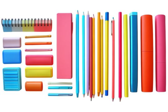 Brightly colored school supplies in a neat row bring back to school excitement with pencils on transparent background