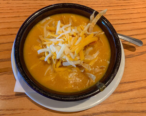 A bowl of chicken enchilada soup topped with crispy tortilla strips and cheese.