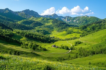 Naklejka premium Exploring serene nature landscapes majestic mountains vibrant green valleys scenic views tranquil environment