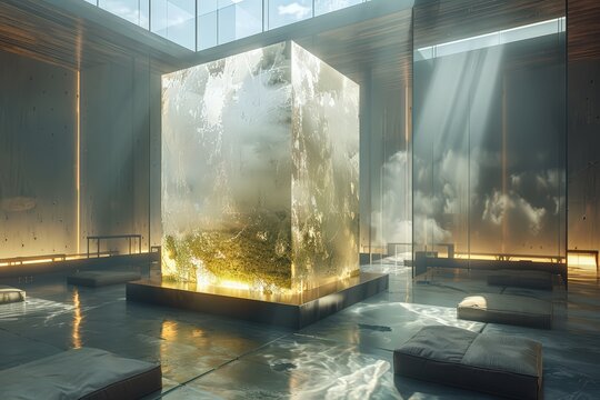 Ethereal Ice Block in Modern Zen Room with Natural Lighting Effects