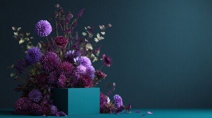 Elegant purple flower arrangement on teal backdrop