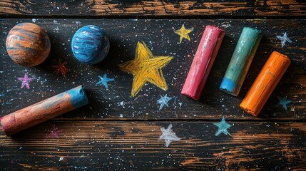 Children's drawings of stars and planets in colourful chalk on a dark wooden surface. 