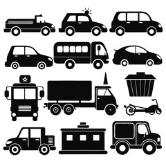 a comprehensive collection of simple black silhouettes representing various types of vehicles on white background